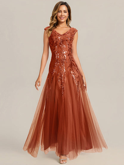 Sequin Embroidered Cap Sleeve High Stretch Evening Dress — Burnt Orange