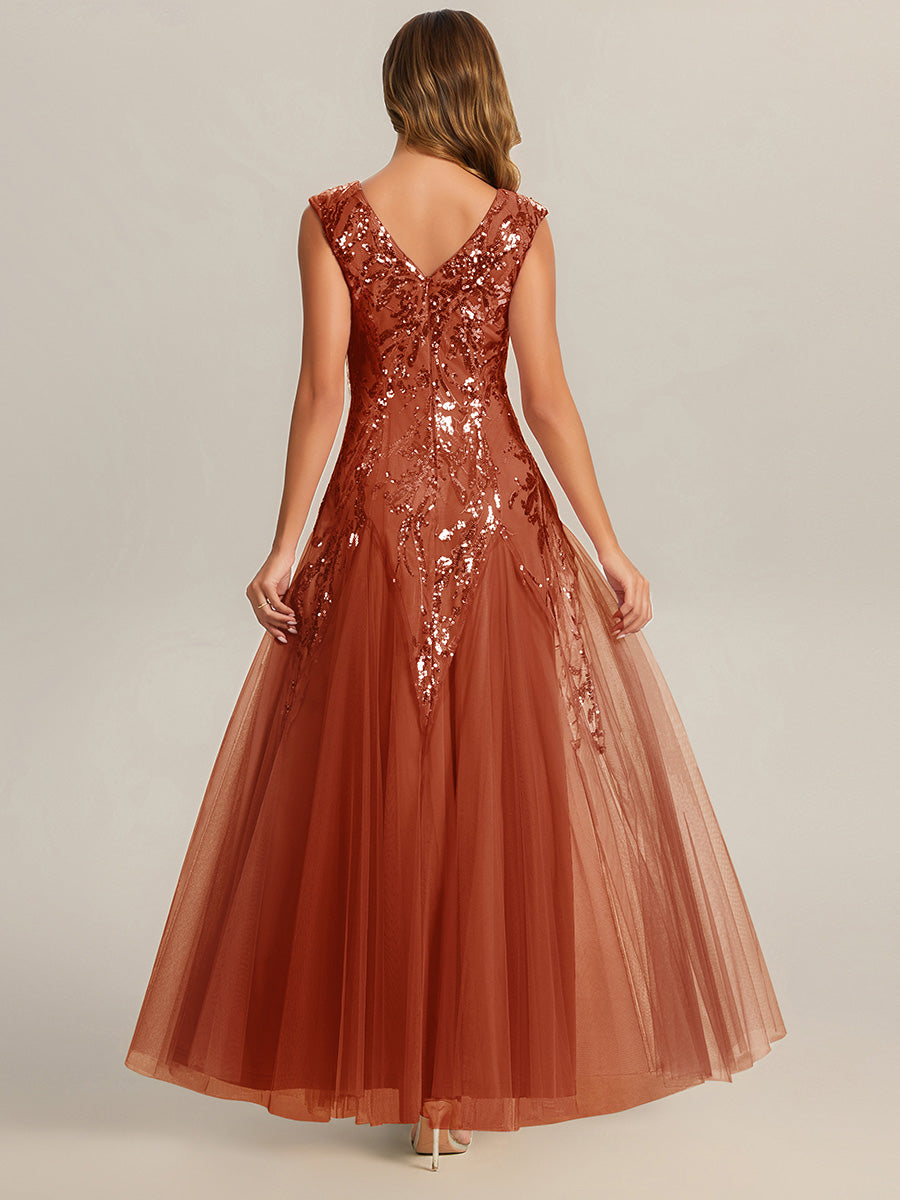 Sequin Embroidered Cap Sleeve High Stretch Evening Dress