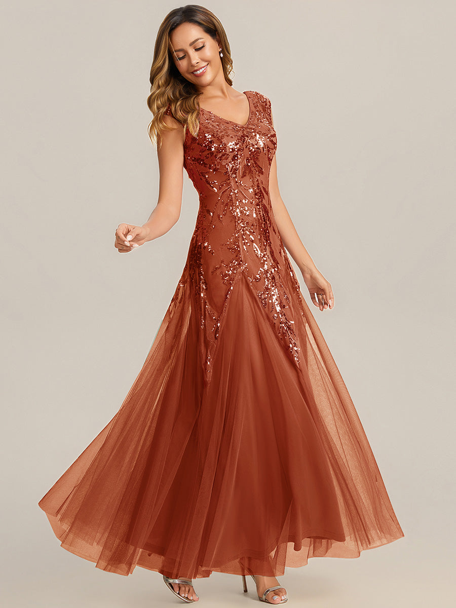 Sequin Embroidered Cap Sleeve High Stretch Evening Dress