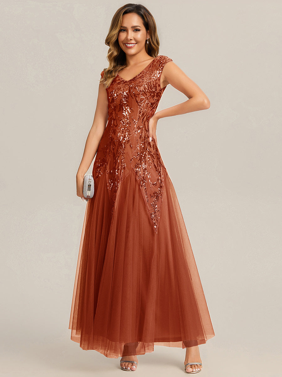 Sequin Embroidered Cap Sleeve High Stretch Evening Dress