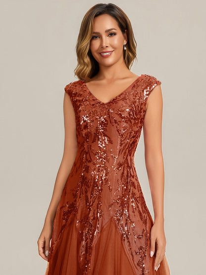 Sequin Embroidered Cap Sleeve High Stretch Evening Dress