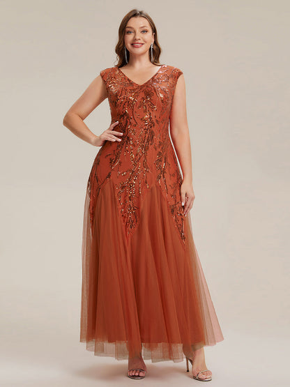 Sequin Embroidered Cap Sleeve High Stretch Evening Dress