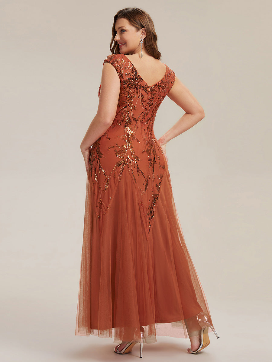 Sequin Embroidered Cap Sleeve High Stretch Evening Dress