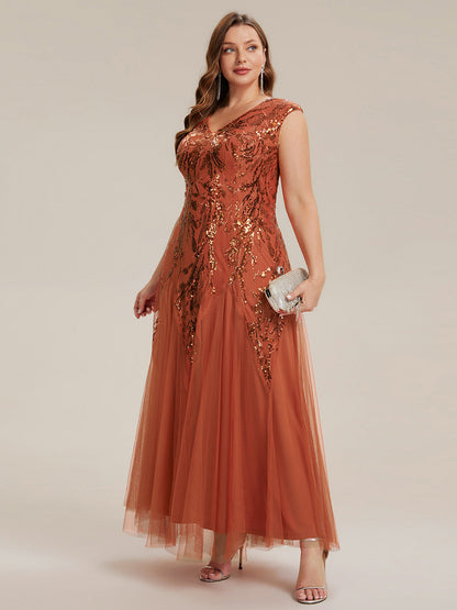 Sequin Embroidered Cap Sleeve High Stretch Evening Dress