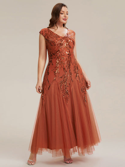 Sequin Embroidered Cap Sleeve High Stretch Evening Dress