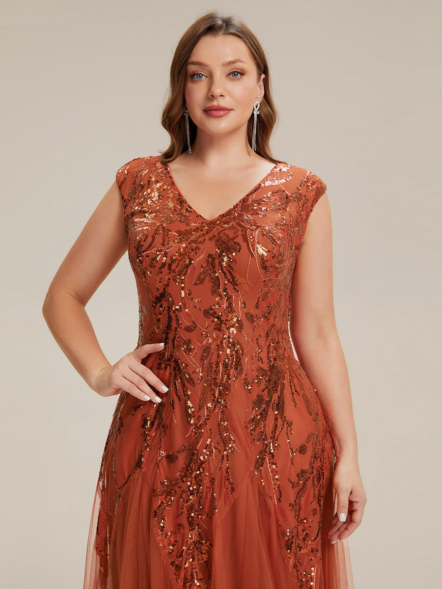 Sequin Embroidered Cap Sleeve High Stretch Evening Dress