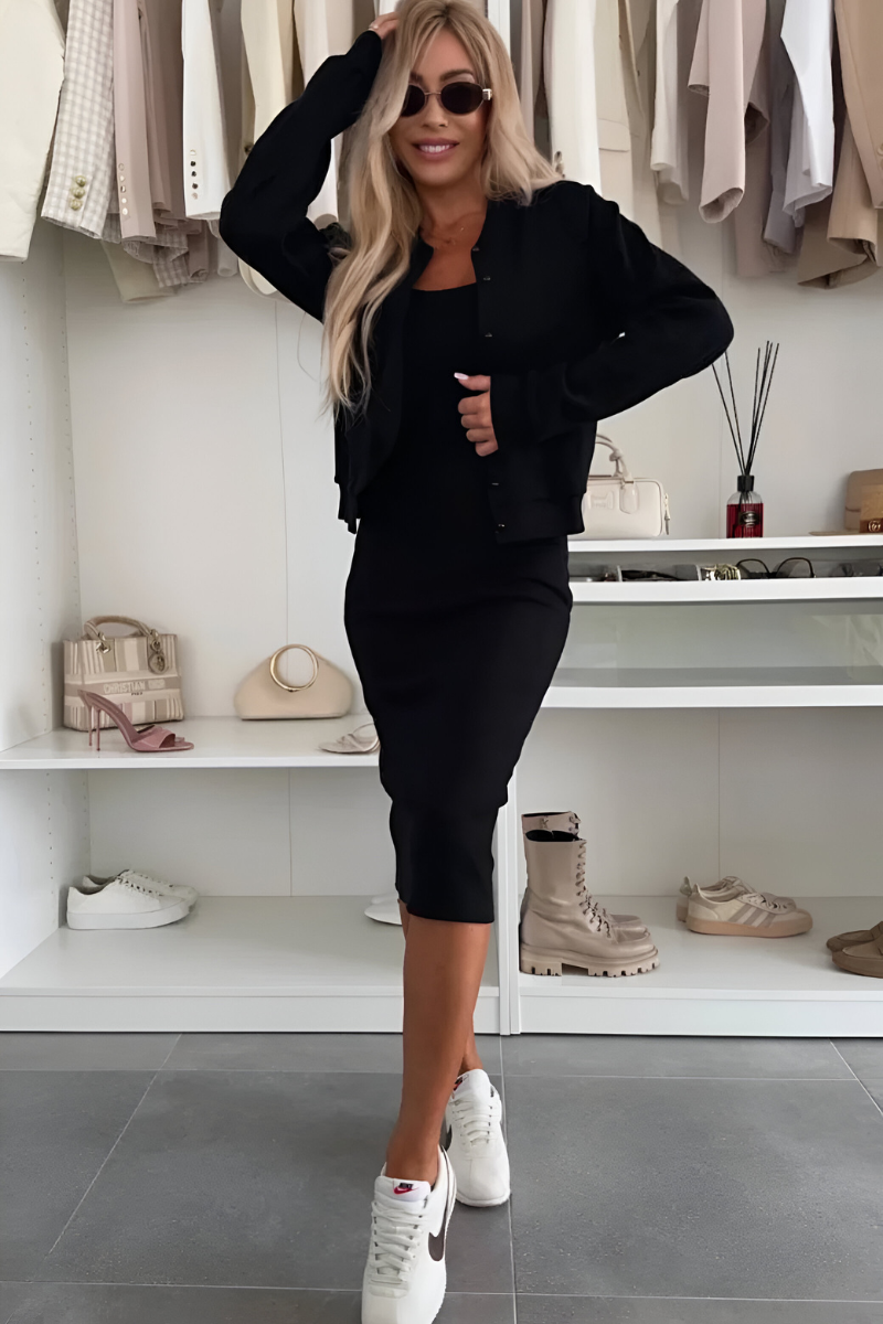Georgia | Refined Midi Dress with Cardigan Set — Black — Alfa Empire, view 3