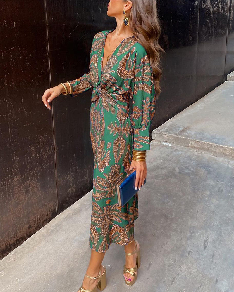 Ginevra | Long V-Neck A-Line Maxi Dress — Green — Alfa Empire, view 2