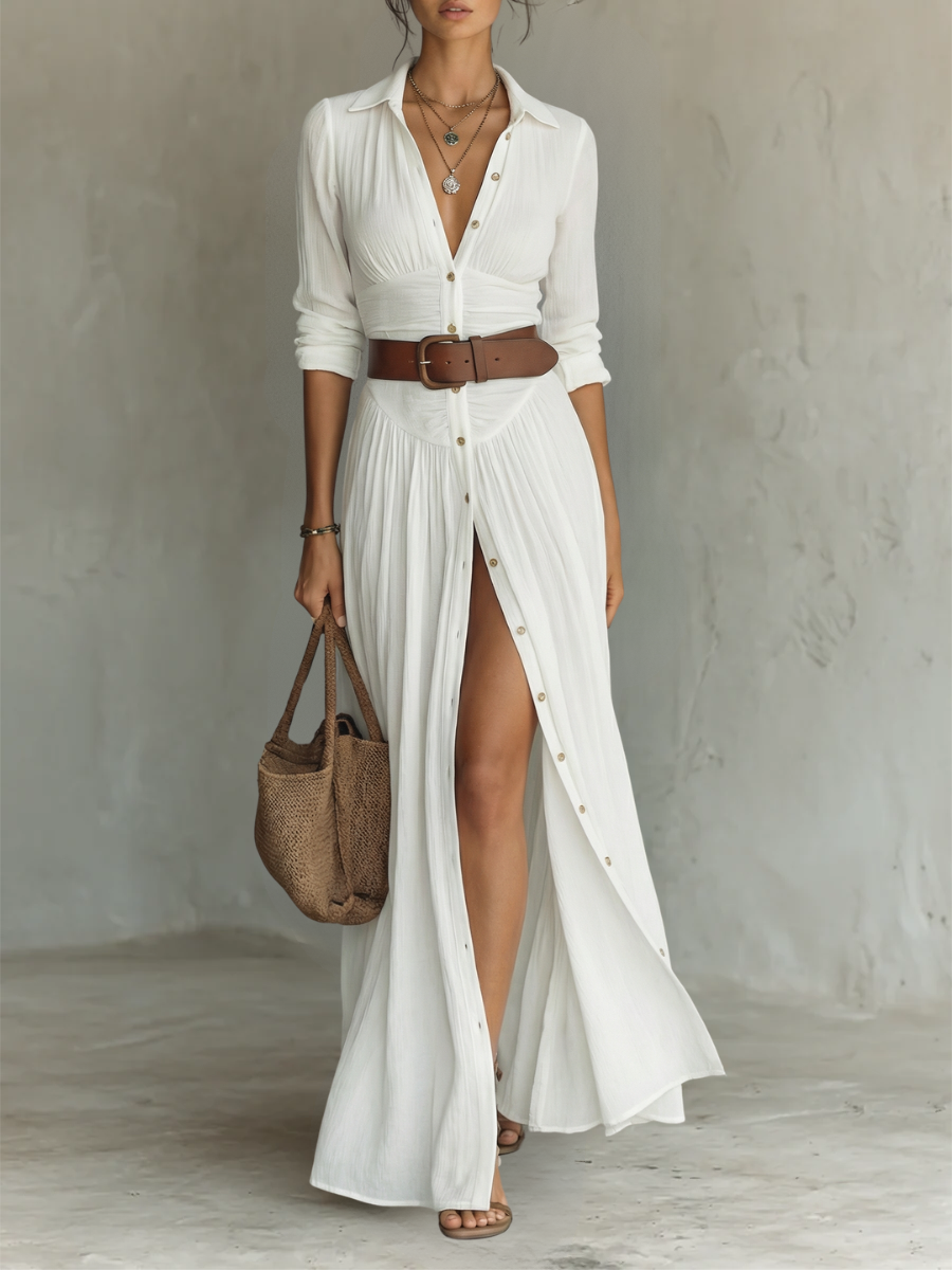 Hallie | Modern Long Sleeve Collared Dress — White — Alfa Empire, view 1
