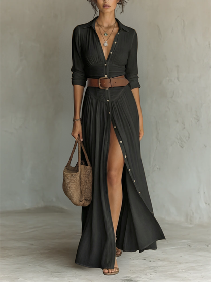 Hallie | Modern Long Sleeve Collared Dress — Black — Alfa Empire, view 4