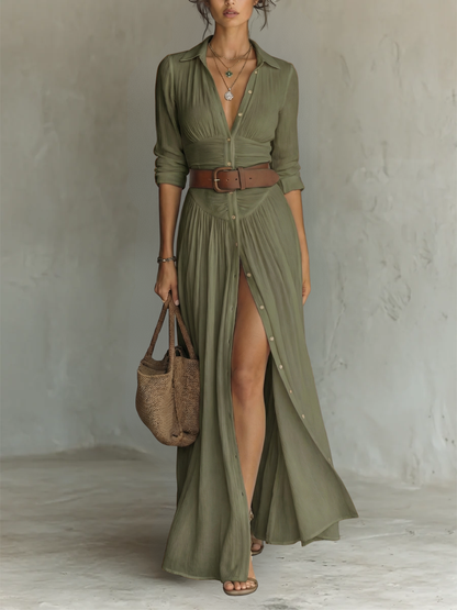 Hallie | Modern Long Sleeve Collared Dress — Green — Alfa Empire, view 5