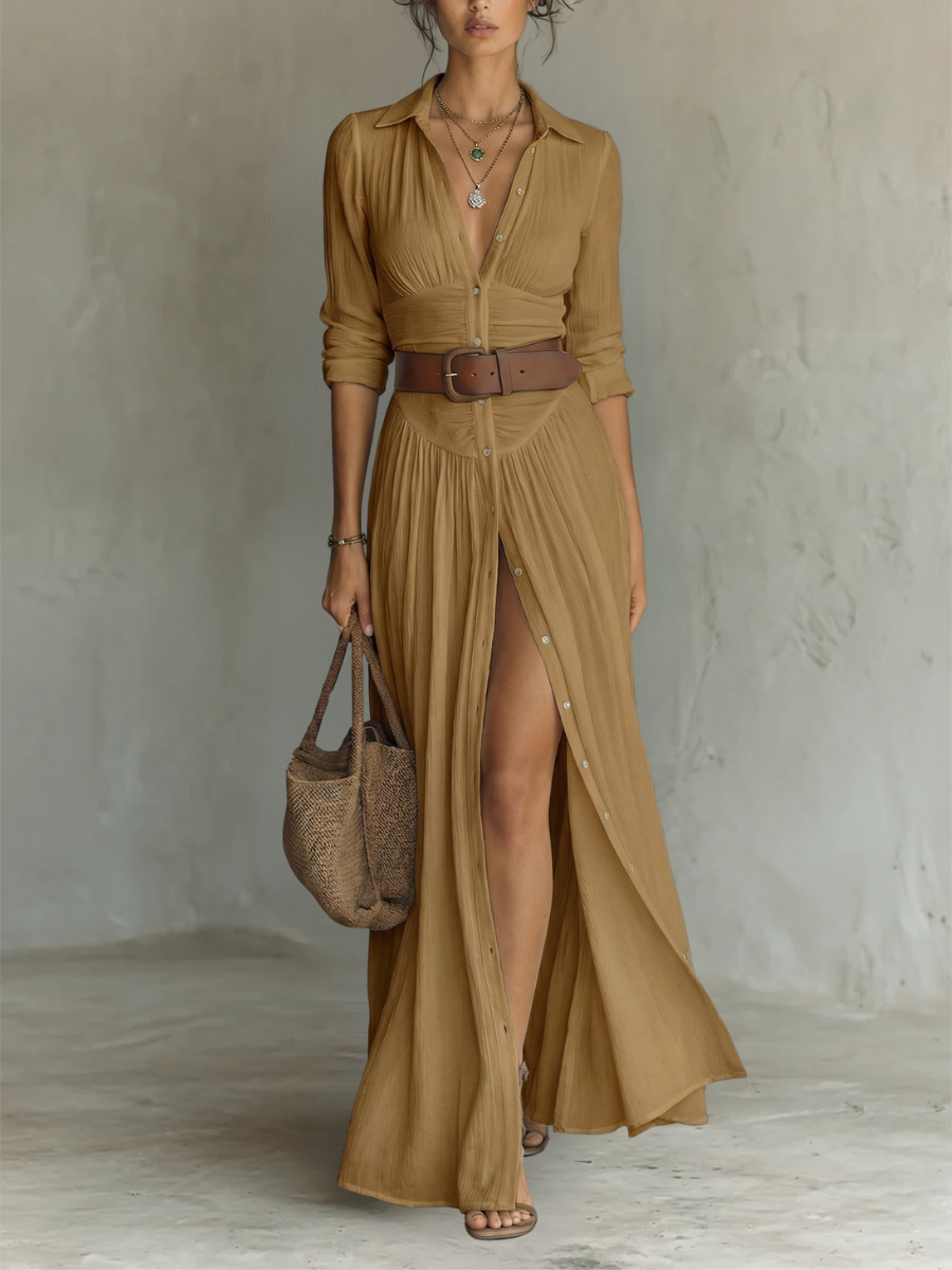Hallie | Modern Long Sleeve Collared Dress — Brown — Alfa Empire, view 6