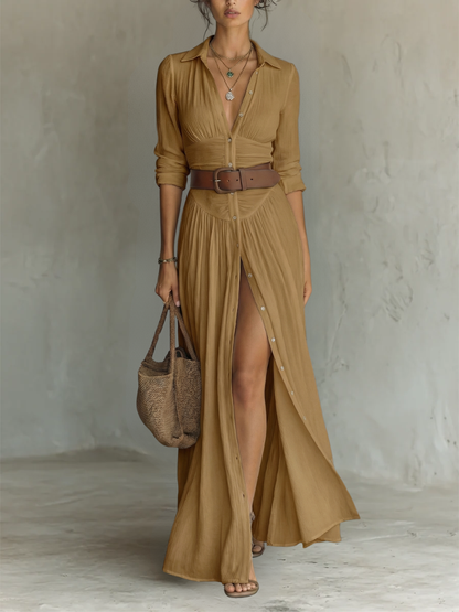 Hallie | Modern Long Sleeve Collared Dress — Brown — Alfa Empire, view 6