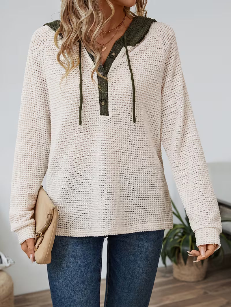 Hanna| Casual Button Waffle Knit Hoodie — Beige — Alfa Empire, view 1