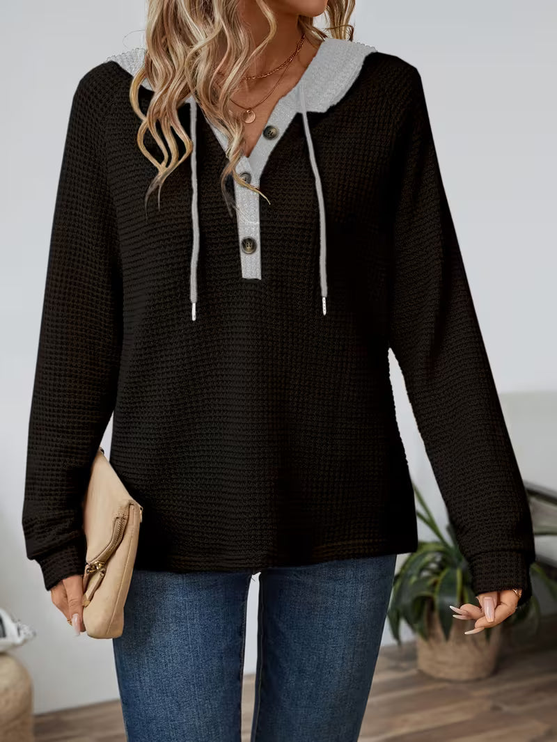 Hanna| Casual Button Waffle Knit Hoodie — Black — Alfa Empire, view 3