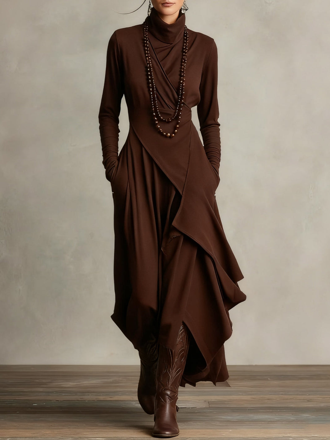 Hattie | Refined High Neck Maxi Dress — Brown — Alfa Empire, view 6