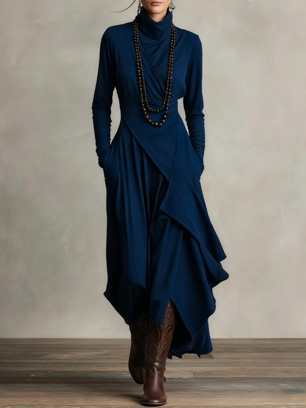 Hattie | Refined High Neck Maxi Dress — Navy Blue — Alfa Empire, view 7