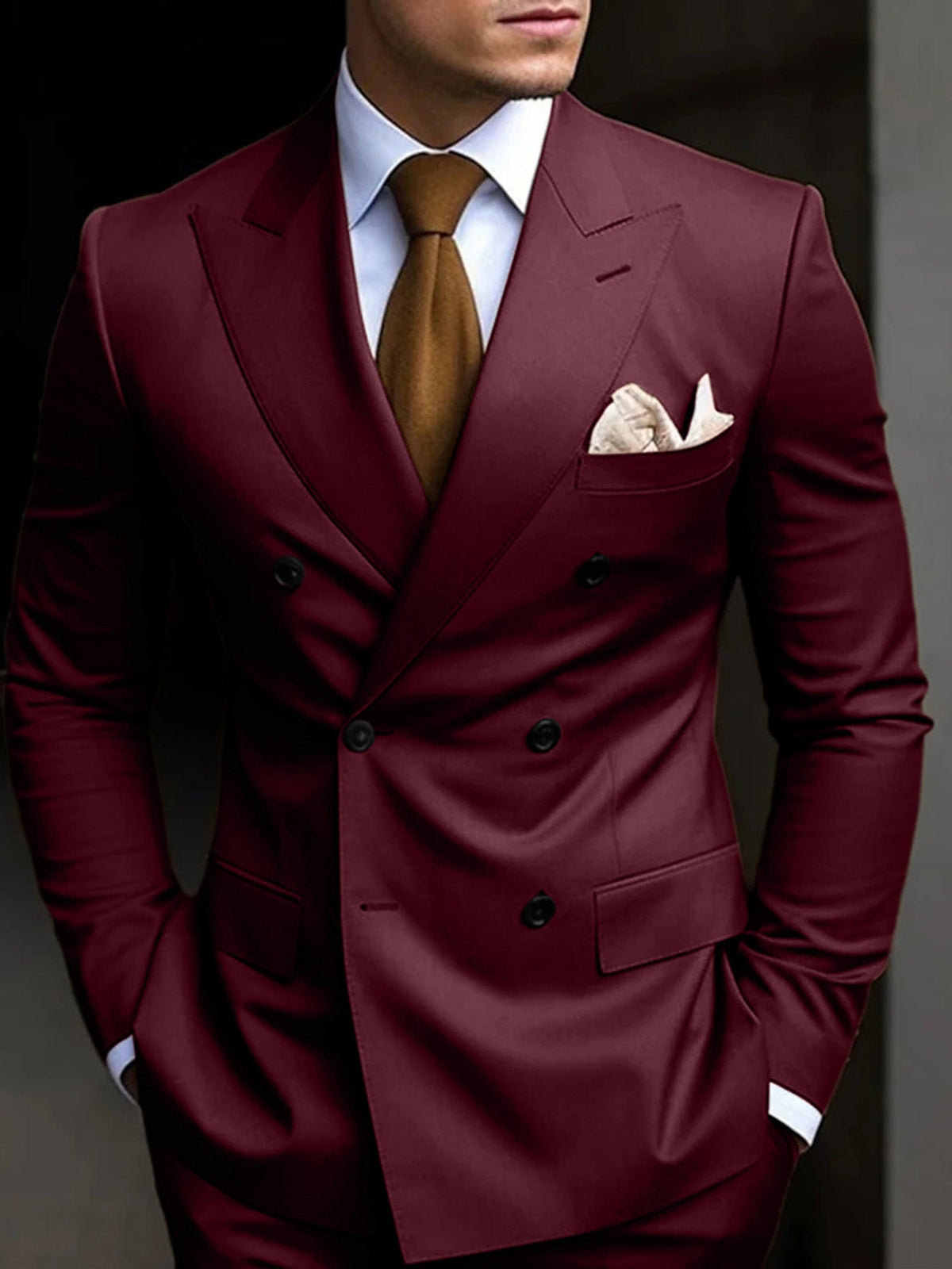 Hayden | Classic Tailored Fit Double Breasted 2 Pieces Suit — Burgundy — Alfa Empire, view 3