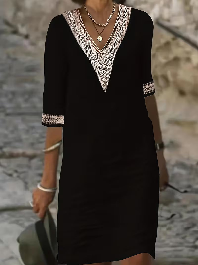 Imelda | Modern V-Neck Mid Sleeve Dress — Black — Alfa Empire, view 1