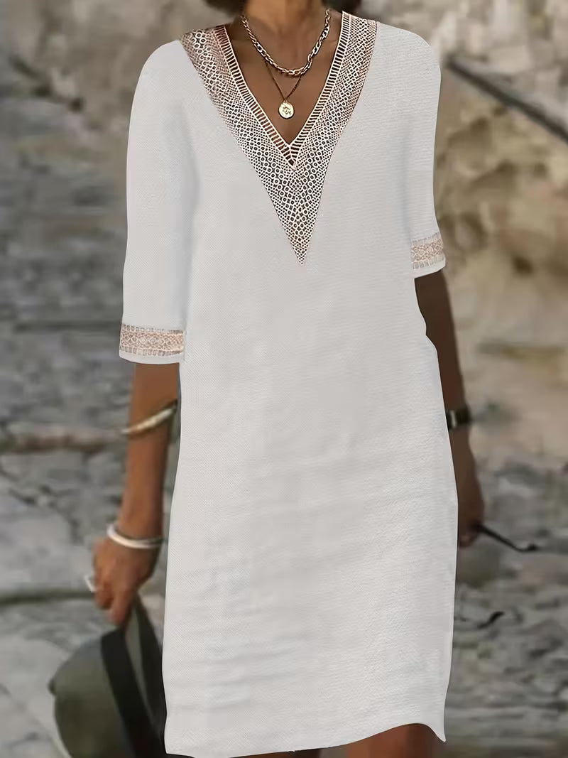 Imelda | Modern V-Neck Mid Sleeve Dress — White — Alfa Empire, view 2