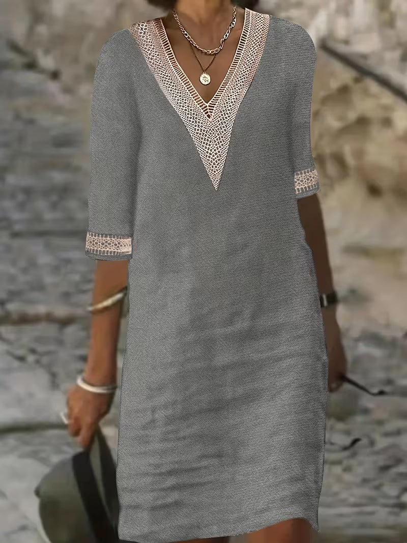 Imelda | Modern V-Neck Mid Sleeve Dress — Gray — Alfa Empire, view 3