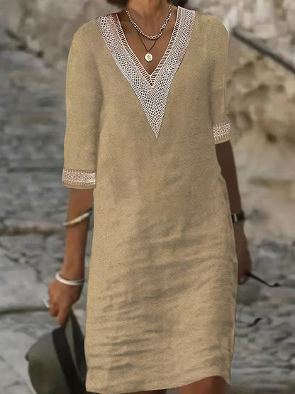Imelda | Modern V-Neck Mid Sleeve Dress — Khaki — Alfa Empire, view 4