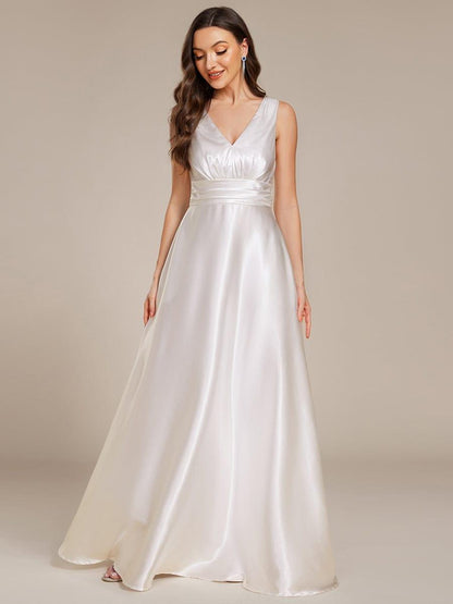 Satin Maxi Wedding Guest Dress with Pockets — White