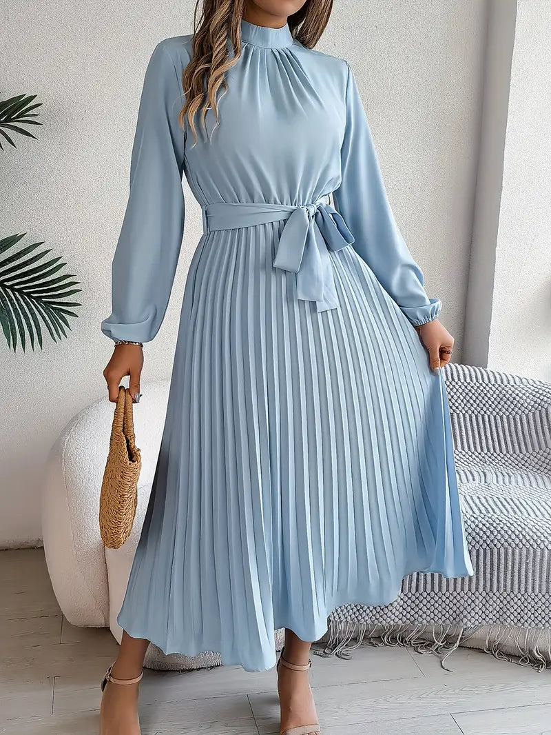 Isabella | Long-Sleeve Belted Waist Midi Dress — Light Blue — Alfa Empire, view 1