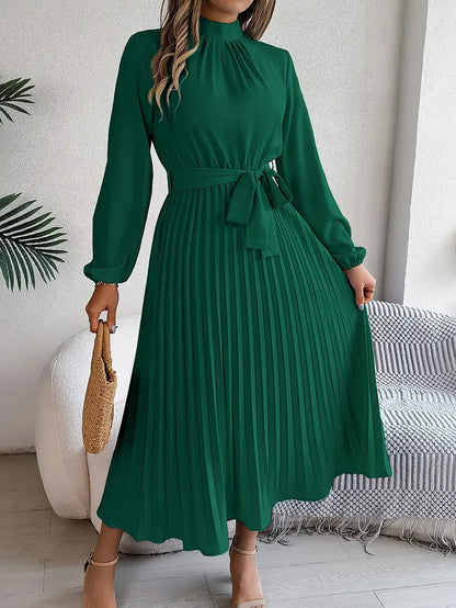 Isabella | Long-Sleeve Belted Waist Midi Dress — Green — Alfa Empire, view 3