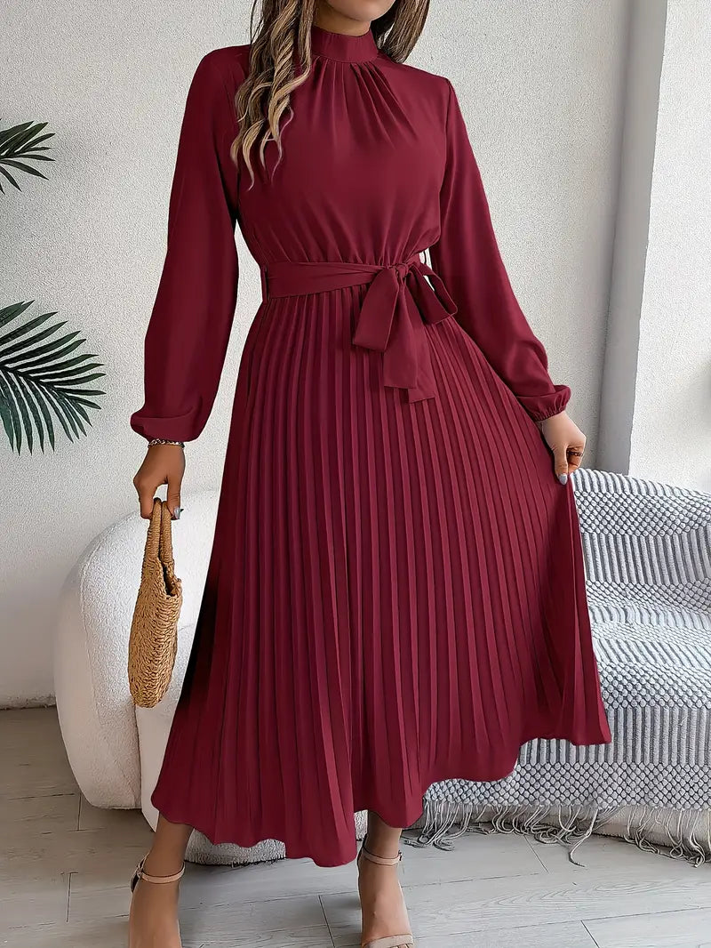 Isabella | Long-Sleeve Belted Waist Midi Dress — Burgundy — Alfa Empire, view 5