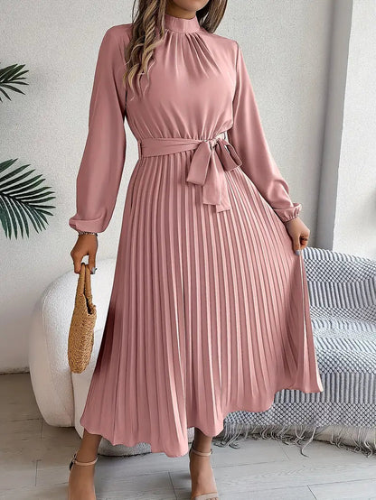 Isabella | Long-Sleeve Belted Waist Midi Dress — Pink — Alfa Empire, view 7