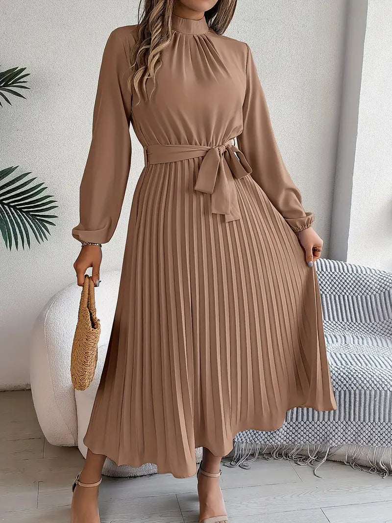 Isabella | Long-Sleeve Belted Waist Midi Dress — Khaki — Alfa Empire, view 9