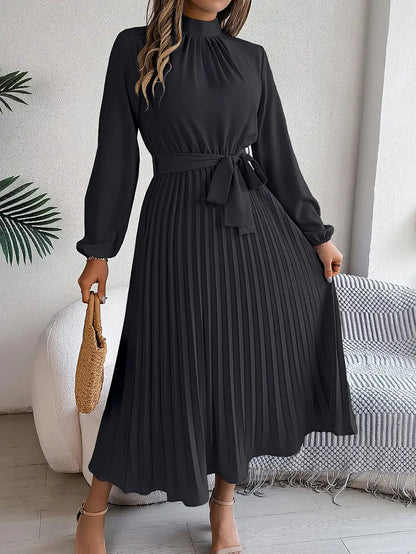 Isabella | Long-Sleeve Belted Waist Midi Dress — Black — Alfa Empire, view 11