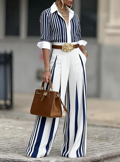 Isabella | Refined Striped Wide-Leg Co-Ord Set — Blue — Alfa Empire, view 3