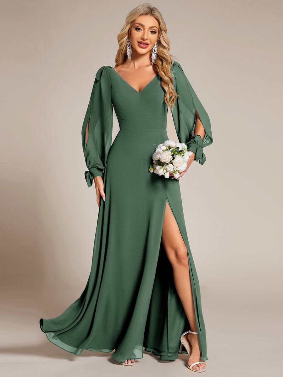 Open Lantern Sleeve A-Line Bridesmaid Dress — Eucalyptus