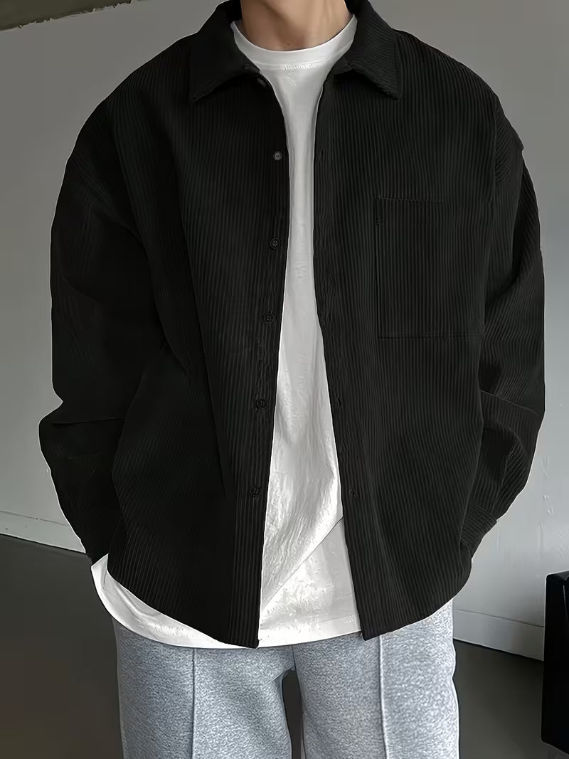 Jaron | Casual Long Sleeve Corduroy Jacket — Black — Alfa Empire, view 1