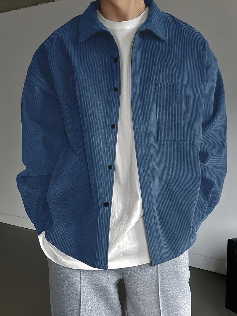 Jaron | Casual Long Sleeve Corduroy Jacket — Blue — Alfa Empire, view 2