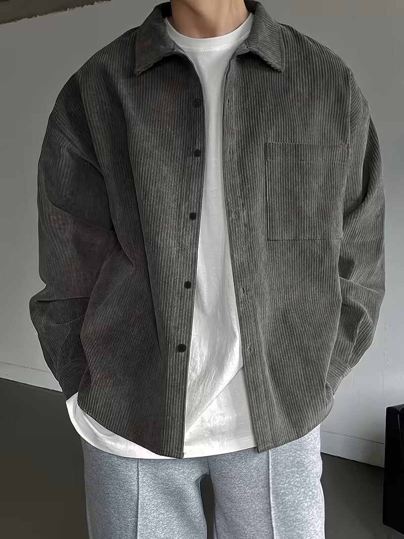 Jaron | Casual Long Sleeve Corduroy Jacket — Grey — Alfa Empire, view 5