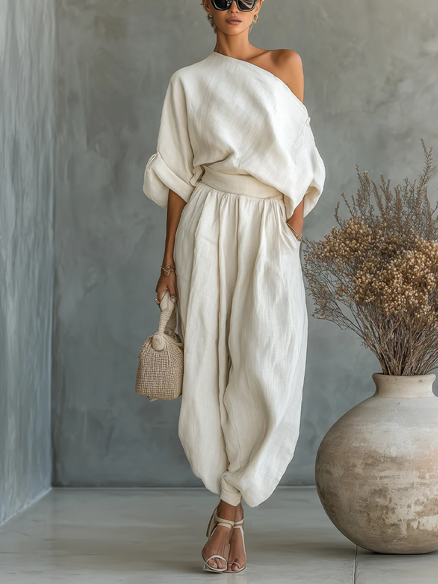 Joanne | Refined Off-Shoulder 2-Piece Set — Off-white — Alfa Empire, view 1