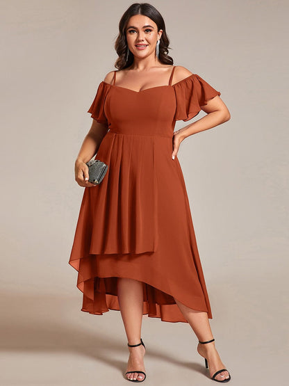 Plus Size Chiffon Cold Shoulder Sweetheart Necklin Midi Wedding Guest Dress — Burnt Orange