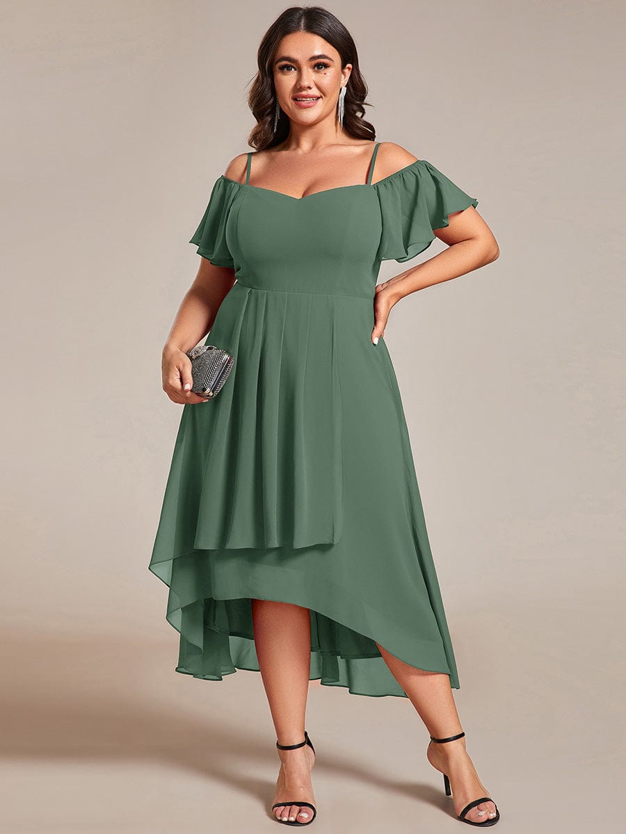 Plus Size Chiffon Cold Shoulder Sweetheart Necklin Midi Wedding Guest Dress — Eucalyptus