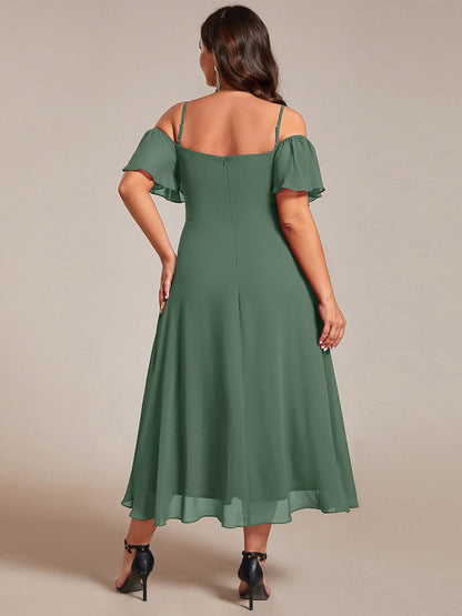 Plus Size Chiffon Cold Shoulder Sweetheart Necklin Midi Wedding Guest Dress