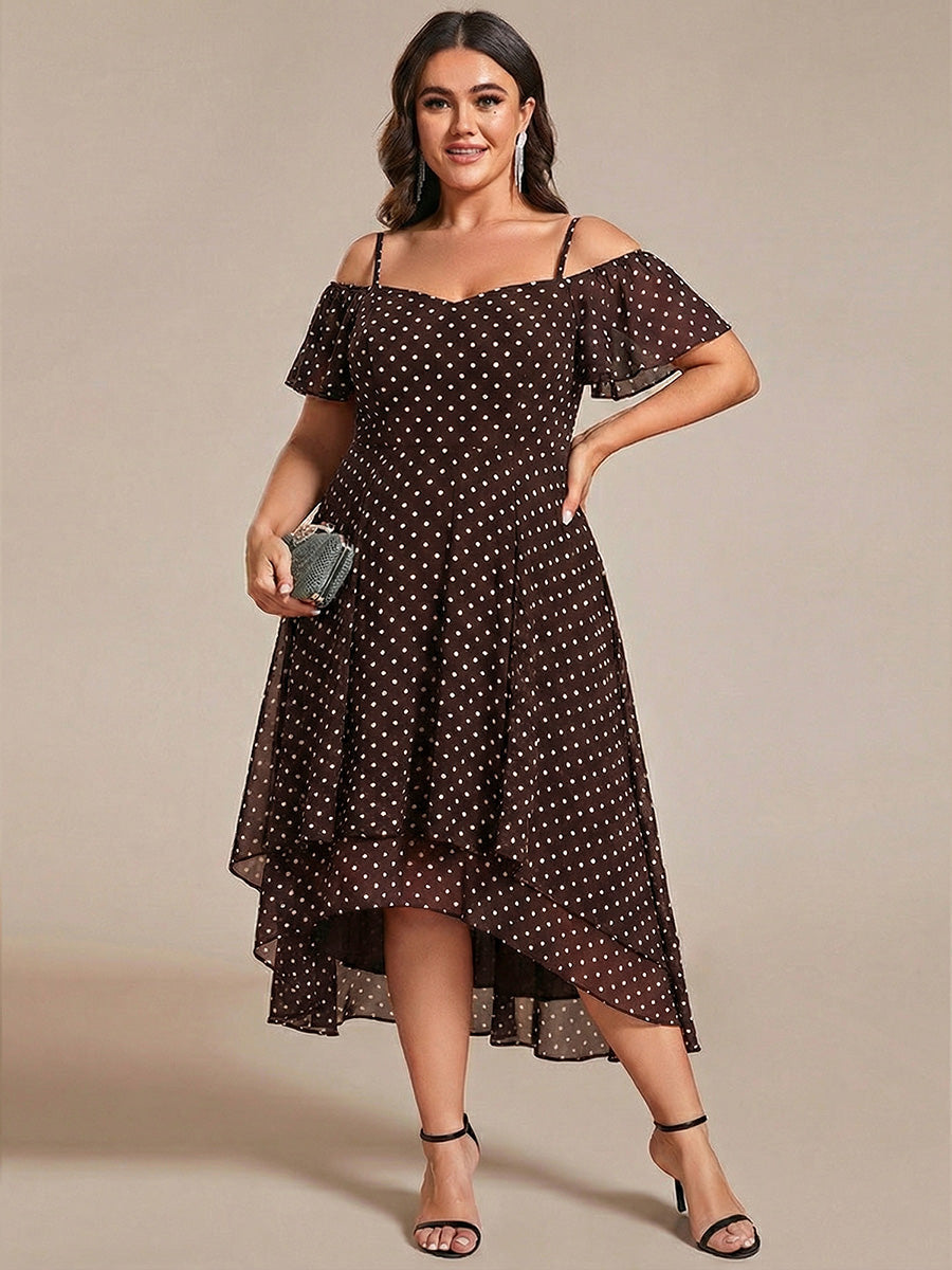 Plus Size Chiffon Cold Shoulder Sweetheart Necklin Midi Wedding Guest Dress — Brown Polka Dots