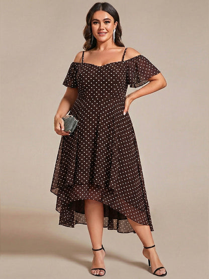 Plus Size Chiffon Cold Shoulder Sweetheart Necklin Midi Wedding Guest Dress — Brown Polka Dots