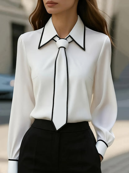Julie | Contrast Tie-Neck Blouse — White — Alfa Empire, view 1