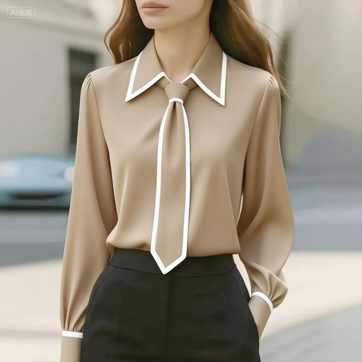 Julie | Contrast Tie-Neck Blouse — Beige — Alfa Empire, view 2