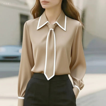 Julie | Contrast Tie-Neck Blouse — Beige — Alfa Empire, view 2