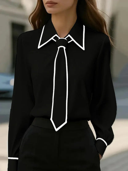 Julie | Contrast Tie-Neck Blouse — Black — Alfa Empire, view 3