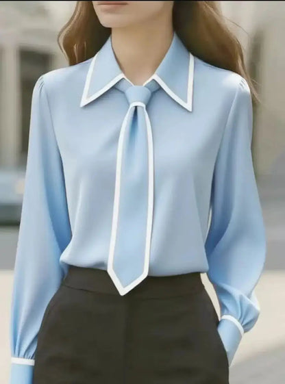 Julie | Contrast Tie-Neck Blouse — Sky Blue — Alfa Empire, view 4