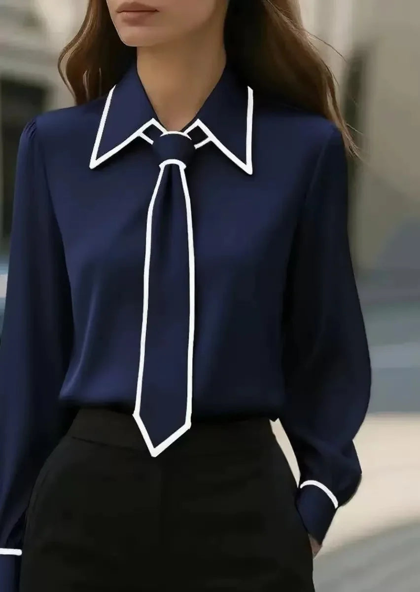 Julie | Contrast Tie-Neck Blouse — Navy Blue — Alfa Empire, view 5